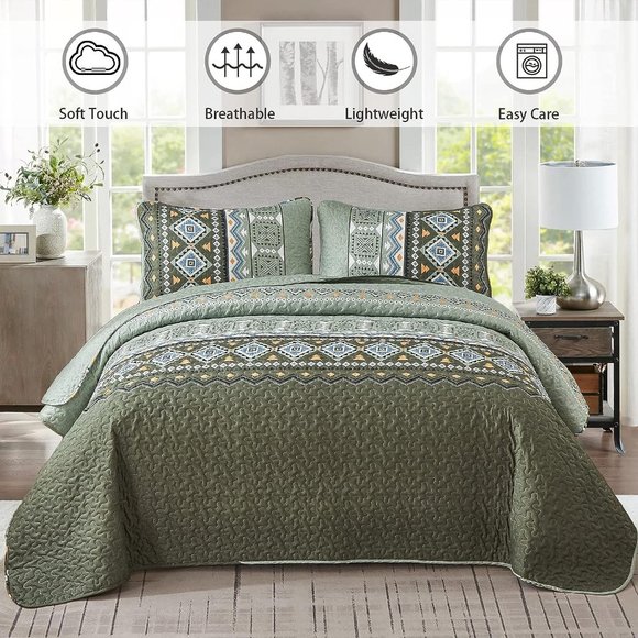 New Boho Olive Green 3 PC Bedding 100% Polyester Quilt Set • Reversible • QUEEN - Picture 6 of 9